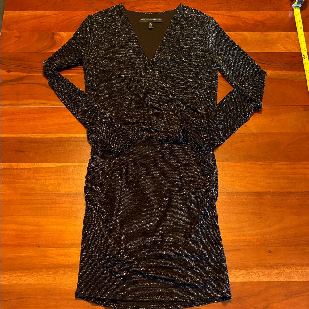 White House Black Market Black Glitter Twist Front Dress – Size 2 Holiday LBD